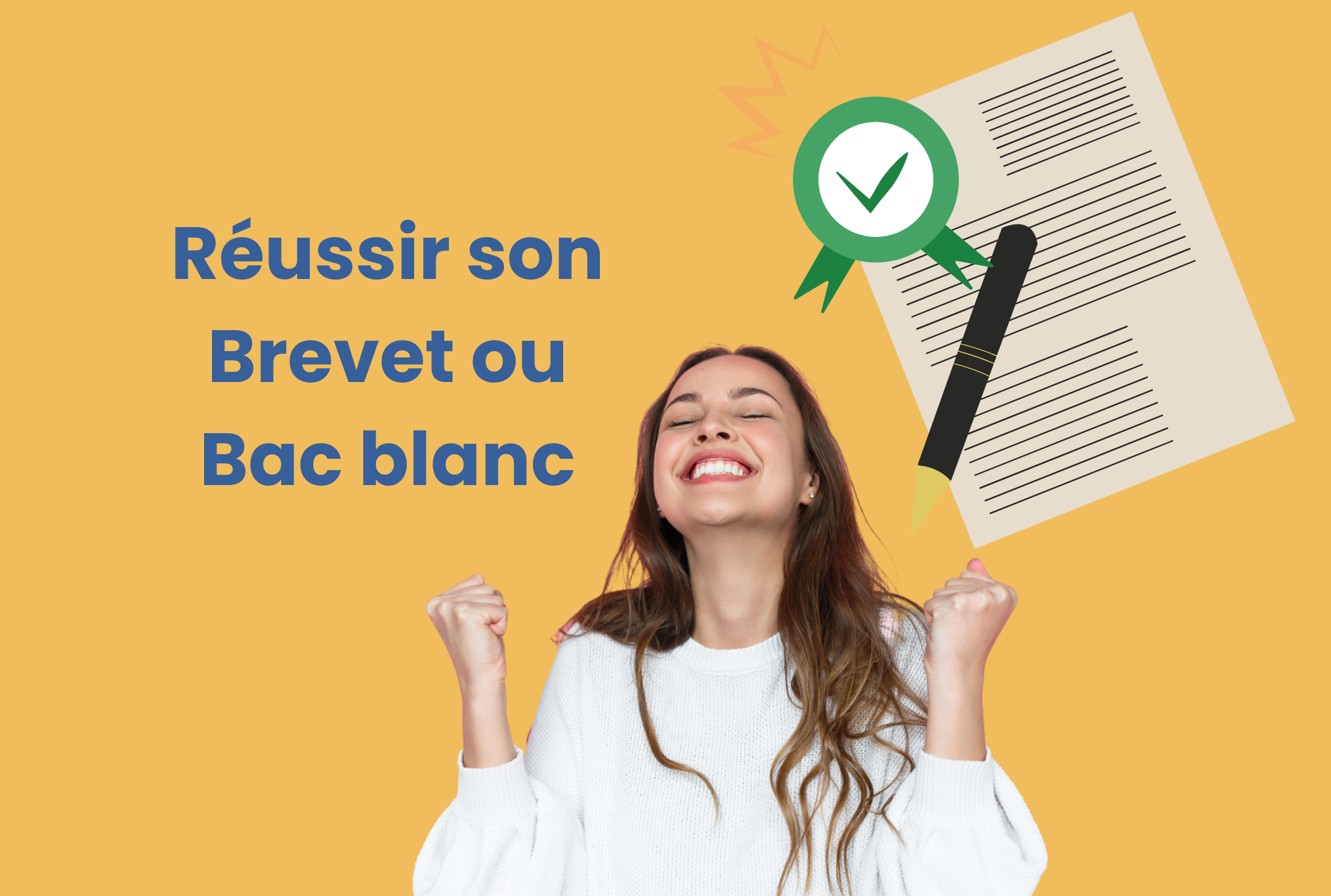 Elève qui sourit et serre les points pour célébrer sa réussite au brevet et bac