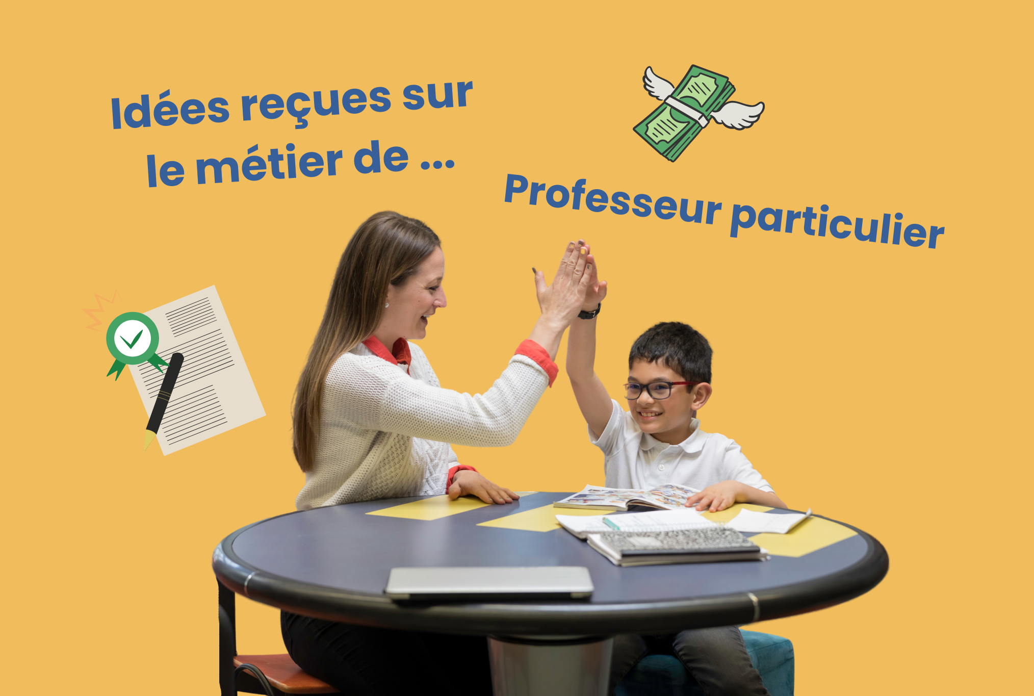 Professeur particulier tape dans la main de l'élève pour célébrer une réussite